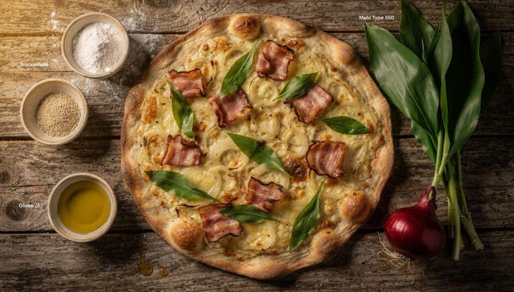 Flammkuchen mit Bärlauch und Speck: Knusprig wie aus dem Elsass