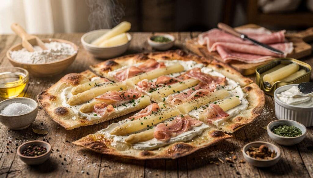 Spargel-Flammkuchen mit Schinken, knusprig wie vom Straßburger Markt